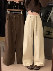 Vintage Ivory White Thick Fleece Wide Leg Casual Pants with Drawstring High Waist Droopy Straight Leg Floor-Length Pants for Autumn and Winter