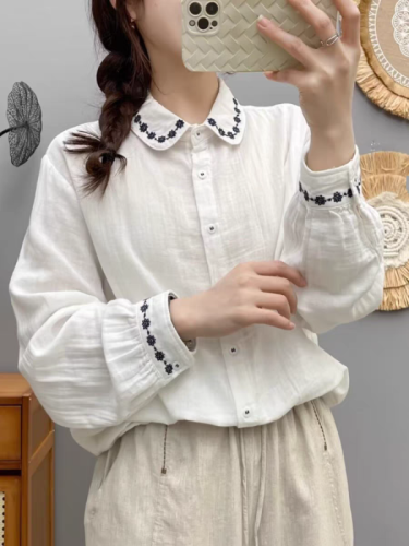 2024 Spring and Autumn White Double Layer Cotton Long Sleeve Shirt Women's Loose Literary and Versatile Embroidered Top Pure Cotton Shirt