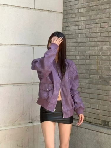 Retro high-end purple leather jacket for women 2024 autumn loose street motorcycle jacket top