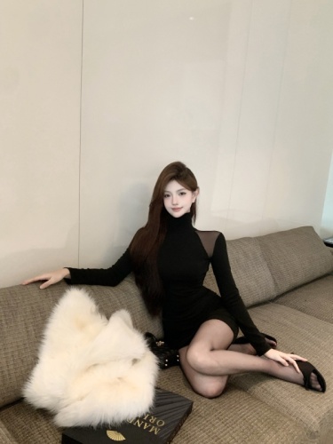 Live shot ~ High neck slimming mermaid long sleeve lace-up sheer velvet warm fashionable women's dress