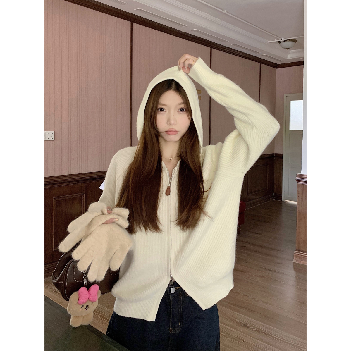 實拍 秋冬韓版寬鬆慵懶連帽雙拉鏈北極絨針織開衫上衣外套女
