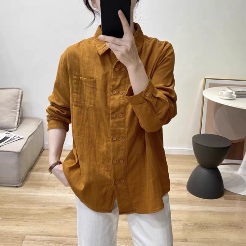 Autumn commuting versatile solid color lapel cotton gauze shirt literary Hong Kong style slim long-sleeved top cotton