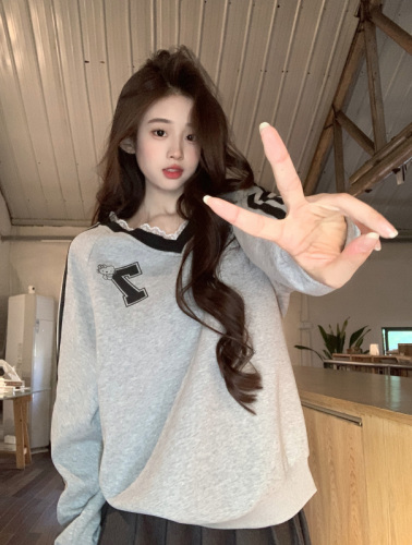 Real shot of imitation cotton Chinese cotton composite real super plus velvet thickened sweatshirt for women autumn and winter lace design V-neck warm top