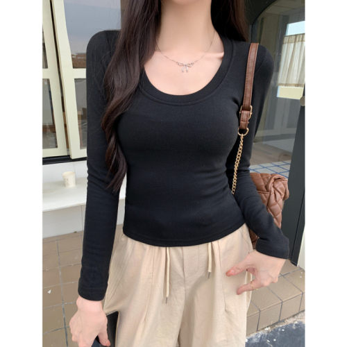 Real shot of cashmere plus velvet thickened long-sleeved T-shirt for women U-neck slim bottoming shirt brushed