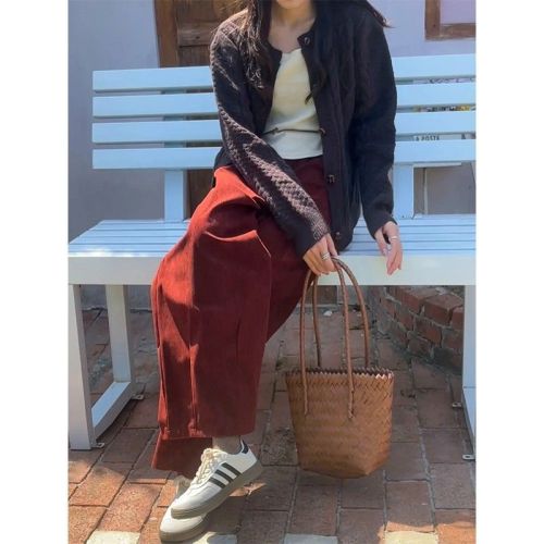 Angola Red Pants for Spring and Autumn, Corduroy Wide Leg Pants for Petite and Casual, Loose and Large Size Pants for Plus Size Women