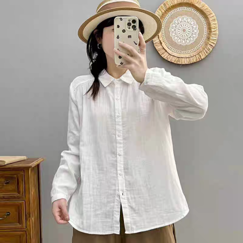 Autumn double-layer cotton gauze shirt, fashionable and age-reducing, versatile long-sleeved shirt, casual solid color cardigan for women