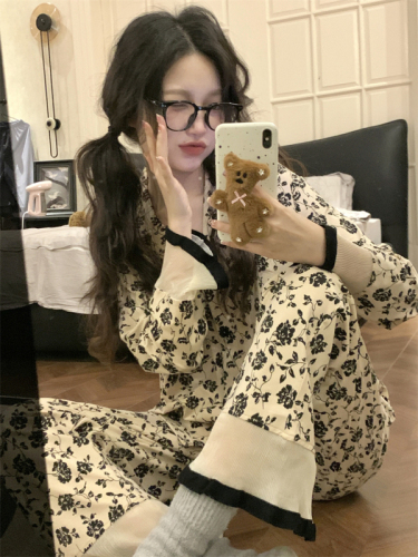 Imitation cotton French retro floral pajamas women's new long-sleeved lace suit home wear