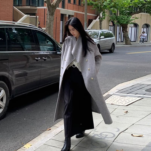 Light gray woolen coat for women 2024 new autumn and winter long loose high-end temperament Korean style woolen coat for women