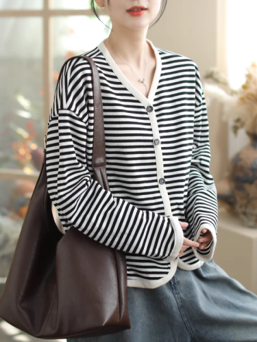 Jacket women's casual original artistic striped round neck fashion simple slimming women's top cardigan