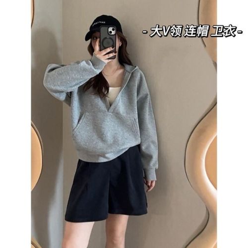 Fashionable large V-neck casual and versatile Korean style loose hooded sweatshirt