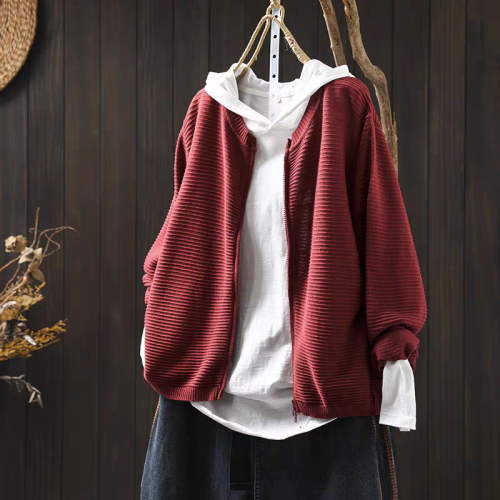 Double-ended zipper cotton knitted cardigan for women loose and slim 2024 autumn and winter new literary casual long-sleeved sweater jacket