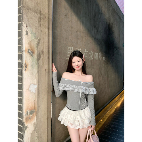 Real shot of one-shoulder lace sweet long-sleeved slimming and beautiful inner top