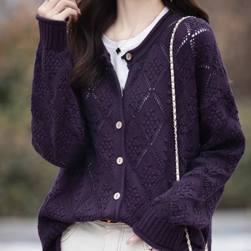 Autumn and winter literary style hollow round neck knitted cardigan for women spring and autumn solid color versatile casual cotton sweater jacket