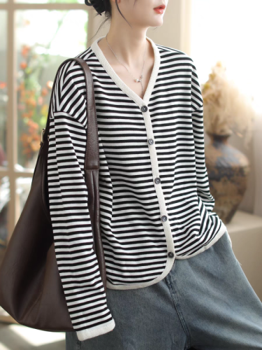 Jacket women's casual original artistic striped round neck fashion simple slimming women's top cardigan