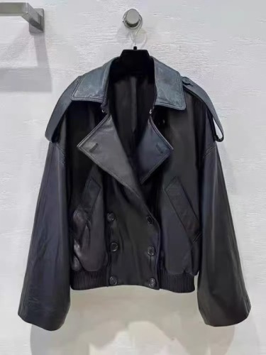 : Power same style genuine leather jacket for women, sheepskin motorcycle leather jacket, large lapel loose casual jacket