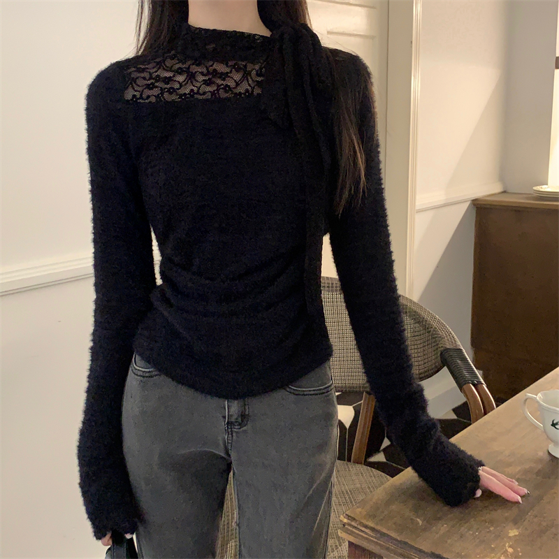 實拍  秋季新款拼接蕾絲法式修身蝴蝶結系帶打底上衣女