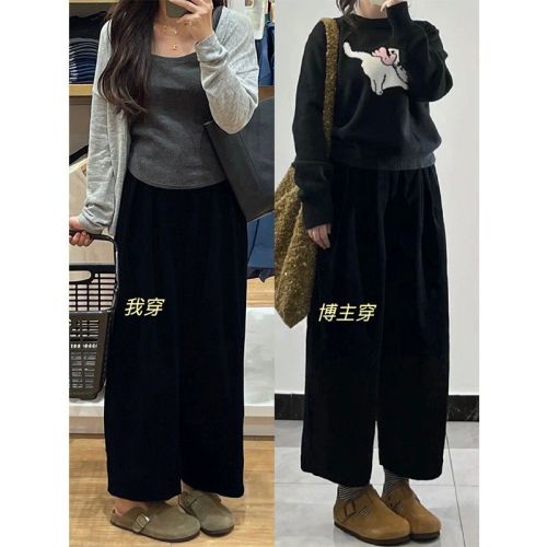 Black Corduroy Wide-Leg Pants Concealing Thighs and Slimming Legs for Plus-Size, Petite, and Grandmother-Inspired Women, Suitable for Spring and Autumn