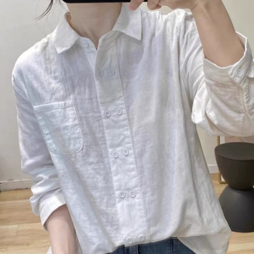 Autumn commuting versatile solid color lapel cotton gauze shirt literary Hong Kong style slim long-sleeved top cotton