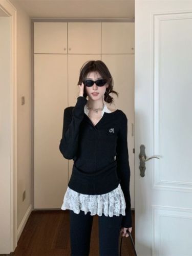 260g rayon + lace white lace halterneck vest design layered off-shoulder black top two-piece set