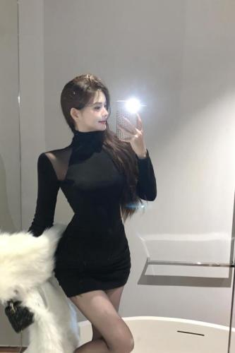 Live shot ~ High neck slimming mermaid long sleeve lace-up sheer velvet warm fashionable women's dress