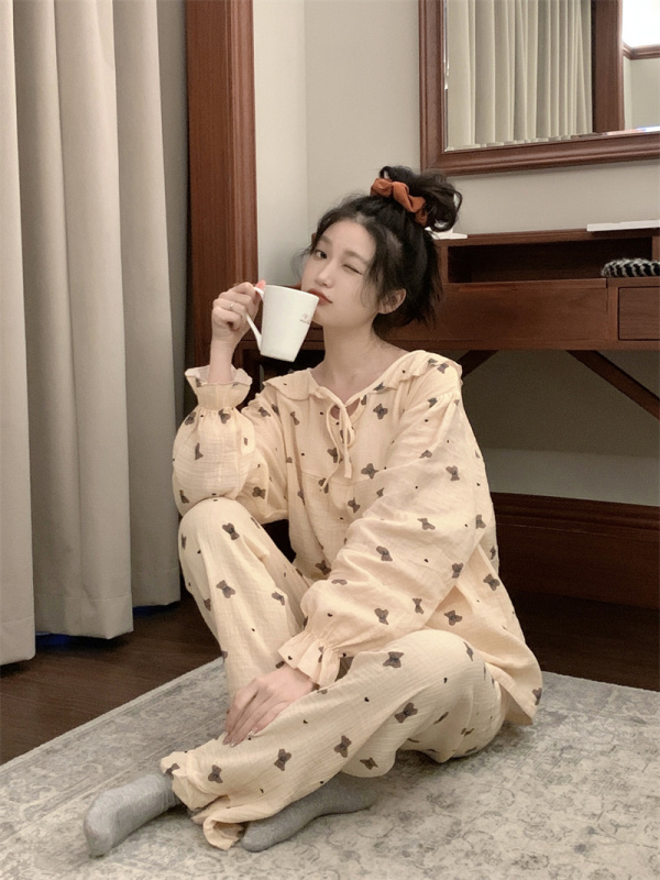 New Korean style cute bear pure cotton long-sleeved trousers cotton gauze home clothes set