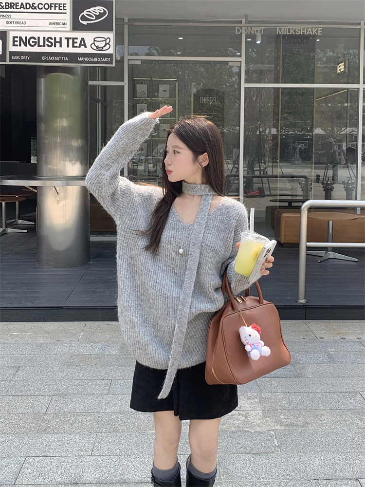 Photographed! Korean-style knitted casual V-neck top for women, lazy style, versatile ribbed knitted lady sweater