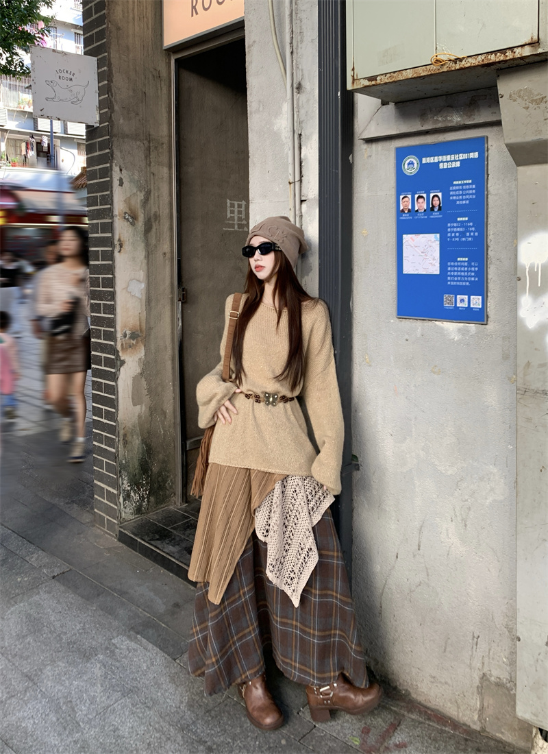 Photographed Lazy Style Loose Mohair Knitted Sweater Top + Retro Checkered Stitched Versatile Skirt Set
