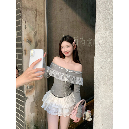 Real shot of one-shoulder lace sweet long-sleeved slimming and beautiful inner top