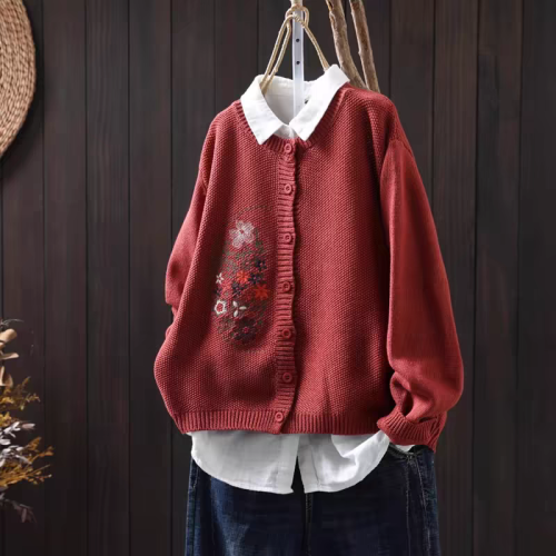 New autumn and winter women's top casual embroidered cotton thread versatile fashionable women's cardigan jacket