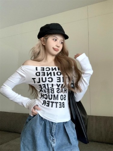 Hot girl style one-shoulder letter printed white T-shirt women's early autumn slim slim long-sleeved top