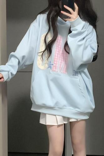 Not a real shot. Autumn new American style lazy chic patch embroidered hooded sweatshirt loose hoodie top