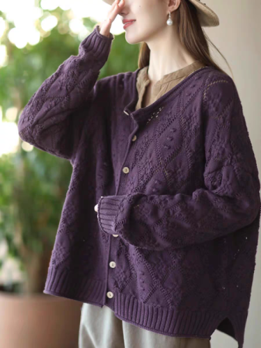 Autumn and winter literary style hollow round neck knitted cardigan for women spring and autumn solid color versatile casual cotton sweater jacket