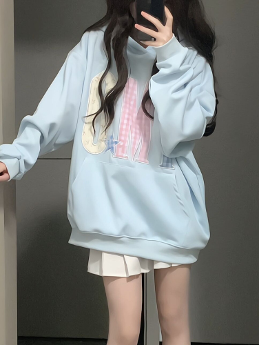 Not a real shot. Autumn new American style lazy chic patch embroidered hooded sweatshirt loose hoodie top