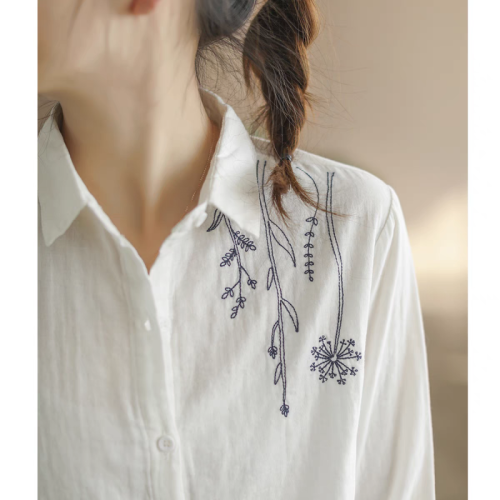 Literary retro floral embroidery double-layer cotton gauze shirt women's new loose and slim long-sleeved shirt