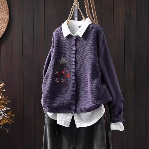 New autumn and winter women's top casual embroidered cotton thread versatile fashionable women's cardigan jacket