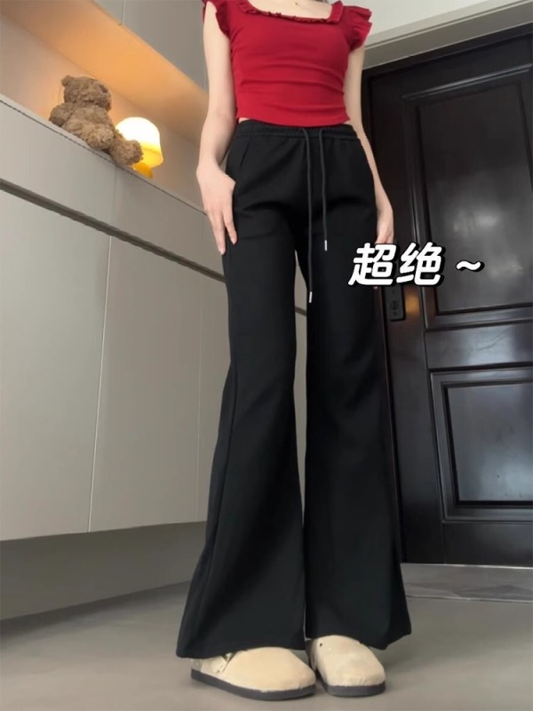 Black Micro-flared Sports Pants Women's Summer New Style Drawstring Slim Wide Leg Slim Straight Casual Wear Pants