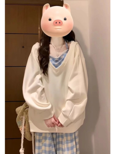 Non-shooted sweet V-neck apricot color hooded sweatshirt new loose petite size two-piece top coat trendy