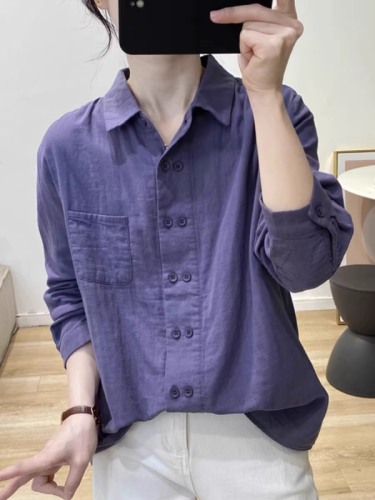 Autumn commuting versatile solid color lapel cotton gauze shirt literary Hong Kong style slim long-sleeved top cotton