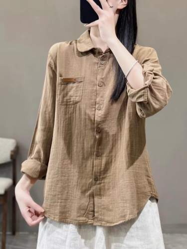 Autumn commuting versatile solid color lapel cotton gauze shirt literary Hong Kong style slim long-sleeved top cotton