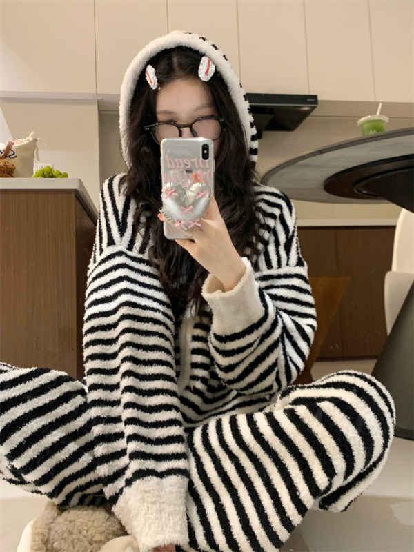 Black and white striped half-velvet zipper cardigan loungewear pajama set