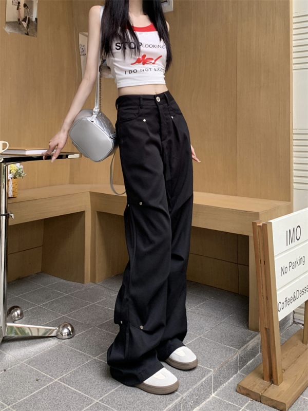 New American style work trousers for female students with niche design, loose straight wide-leg casual trousers