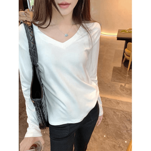 Official picture 260g Modal threaded V-neck long-sleeved T-shirt women's spring, autumn and winter bottoming shirt with loose inner fit