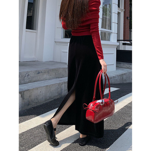 Actual shot ~ New Korean style high-waist slim velvet long skirt with slits at the back, elastic waist, A-line skirt, hip-covering skirt for women