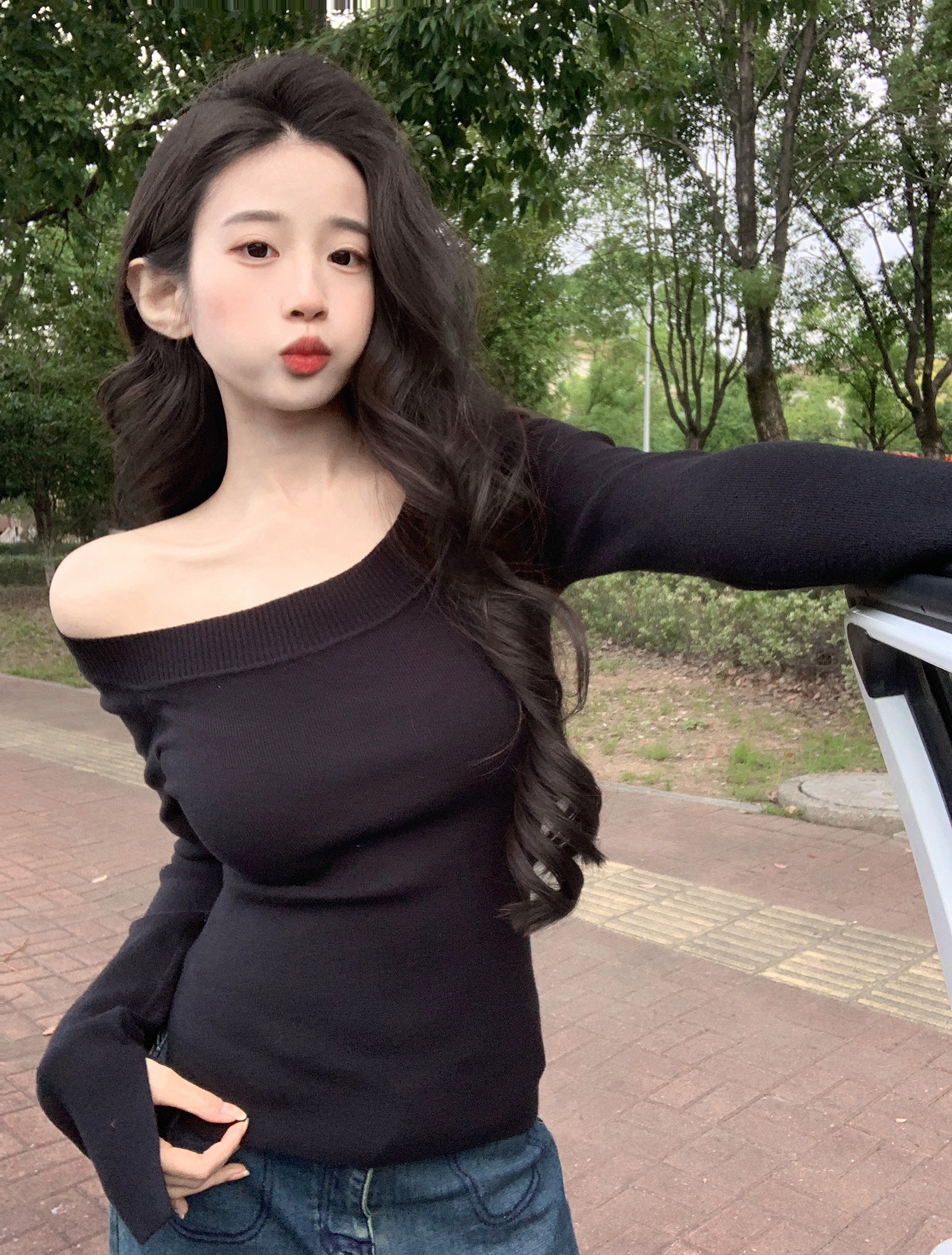 實拍包芯紗長袖上衣針織衫露肩領潮短款修身打底衫女秋冬保暖毛衣