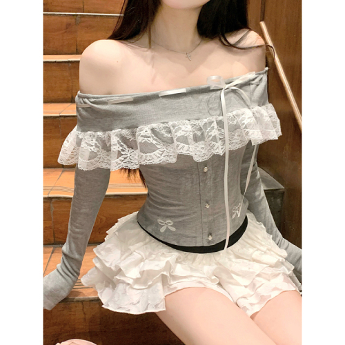 Real shot of one-shoulder lace sweet long-sleeved slimming and beautiful inner top