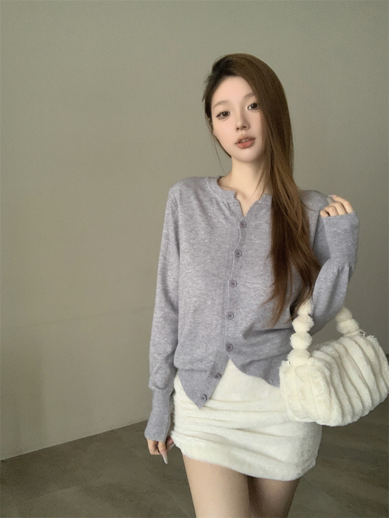 Actual shoot Korean style minimalist single-breasted long-sleeved knit sweater for women autumn and winter casual versatile short-sleeved colored top