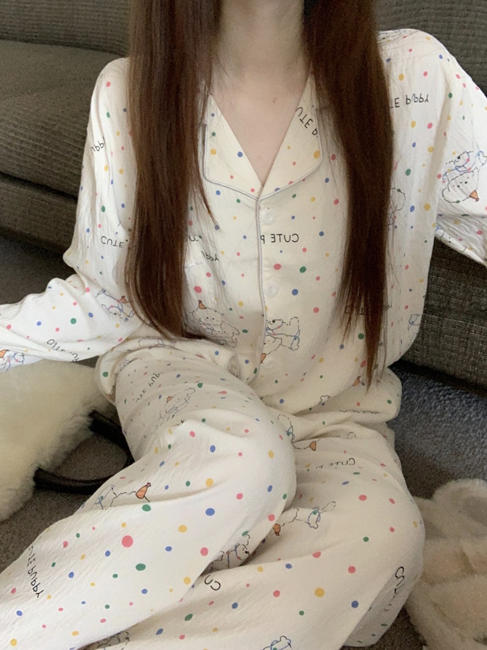 Actual shot of the new Korean style loose, cute and sweet polka dot puppy home set of two pieces