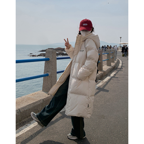 Off-white long down jacket for women 2024 winter new mid-length cotton coat Korean style thickened over-the-knee couple coat