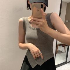 Brushed vest for women with built-in breast pads, round neck, irregular hem, slim fit, wearable inside and outside, sleeveless bottoming