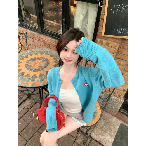 Real shot of Korean style embroidered love loose and versatile autumn knitted sweater cardigan jacket top